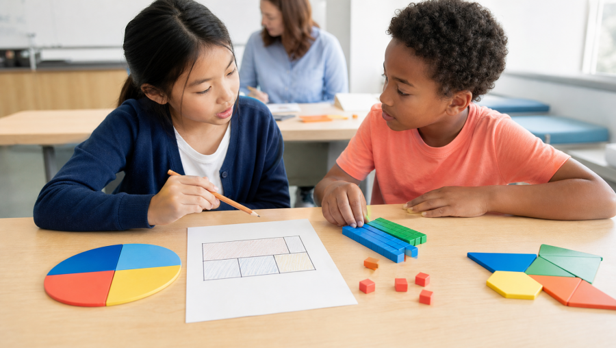 Two students compare a fraction circle, bar model, base-ten blocks, and geometric shapes.