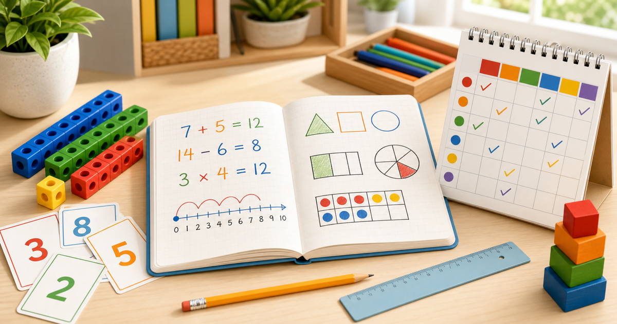Math habits at home with colorful number blocks, arithmetic practice, and a weekly learning chart
